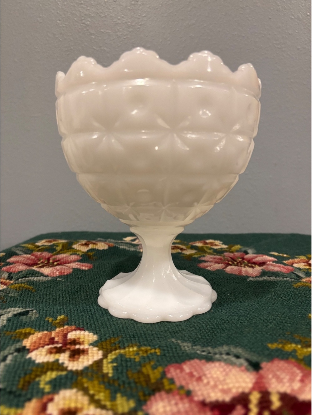 Vintage Napco Milk Glass Compote Scalloped Rim Footed Pedestal Dish White Glass